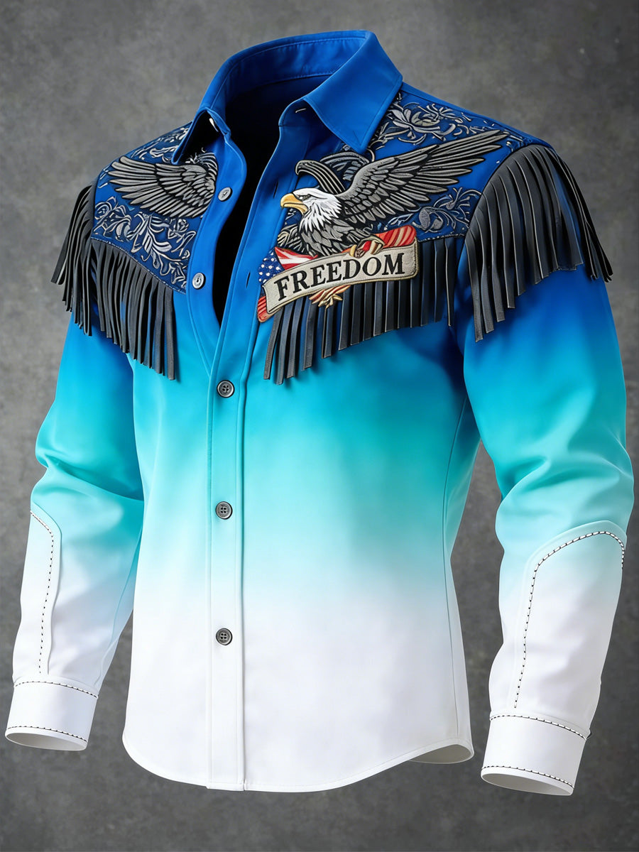 Men's Retro Western USA Flag Business Style Art Print Vintage Tassel Casual Long Sleeve Shirt